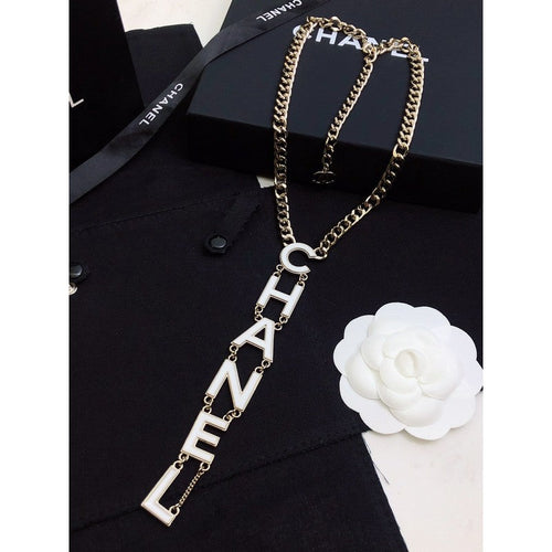Chanel 22S Big White Logo 18K Gold Necklace